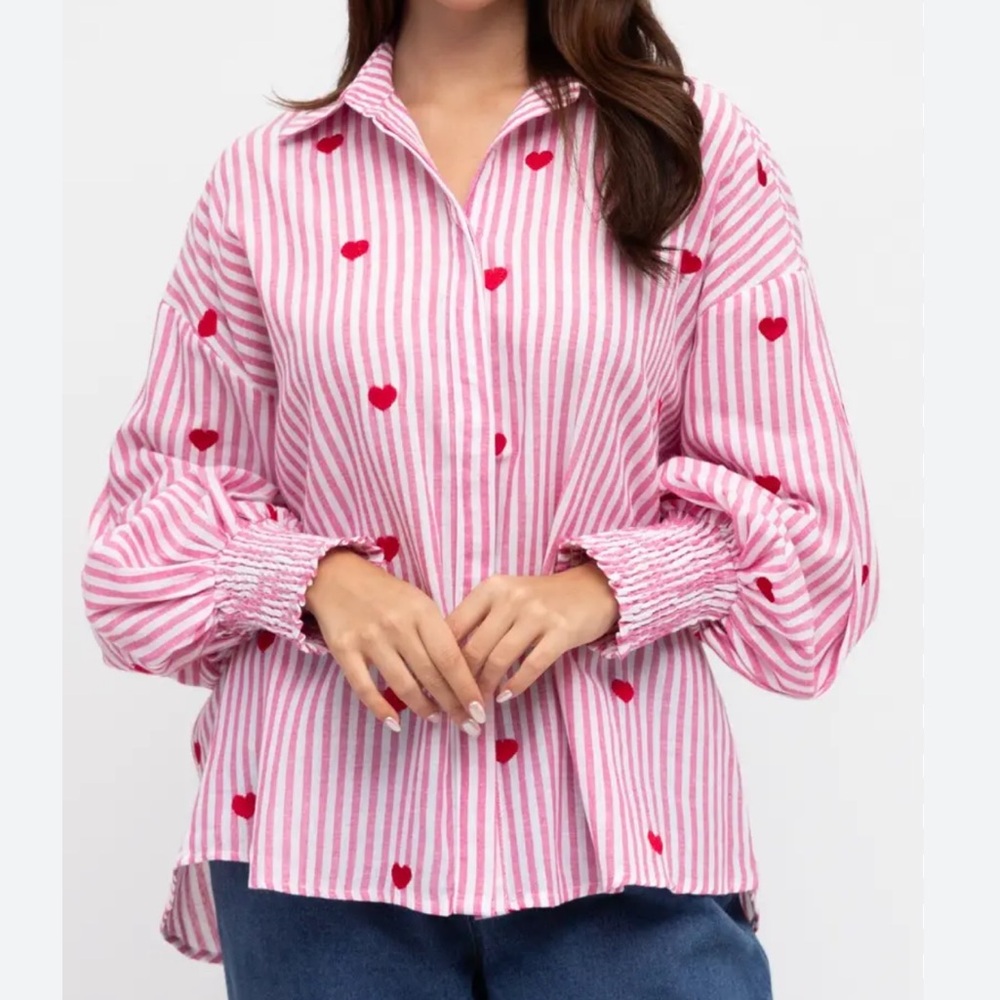 White Closet Elements Kaylee Heart Stripe Tunic Shirt Top Pink White Womens L